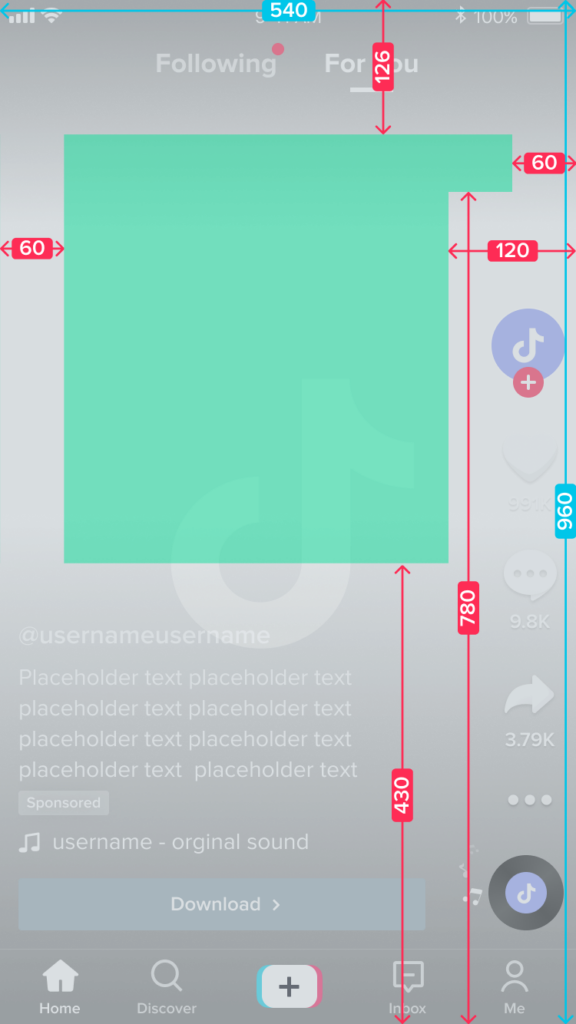 Screenshot van TikTok verticaal videoformaat met metingen voor een veilige zone voor vier regels tekst.