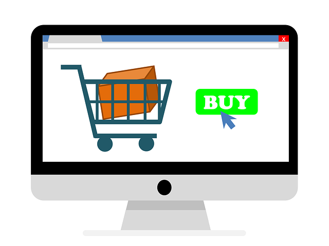 O ilustrație a unui desktop care arată un coș de cumpărături online cu butonul de cumpărare alături. 