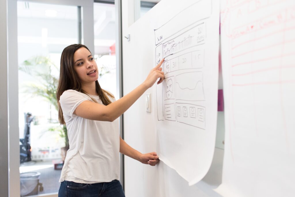 A woman stands in front of a whiteboard with graphs for a business presentation. 