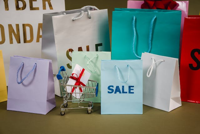 Various shopping bags on display.