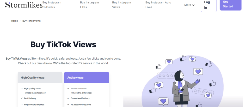 Capture d'écran de HighSocial du site web d'achat de vues Stormlikes TikTok.