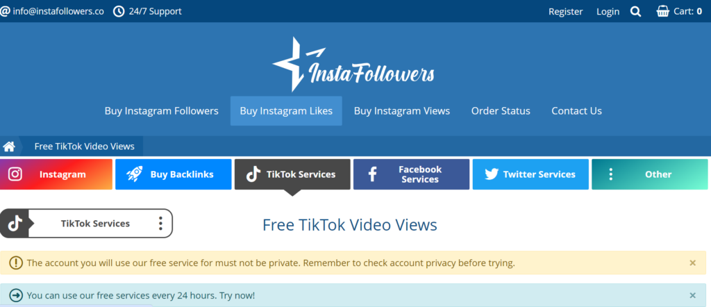 HighSocial’s screenshot of the InstaFollowers free TikTok video view page.
