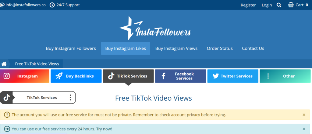 HighSocial's screenshot van de InstaFollowers gratis TikTok video weergave pagina.