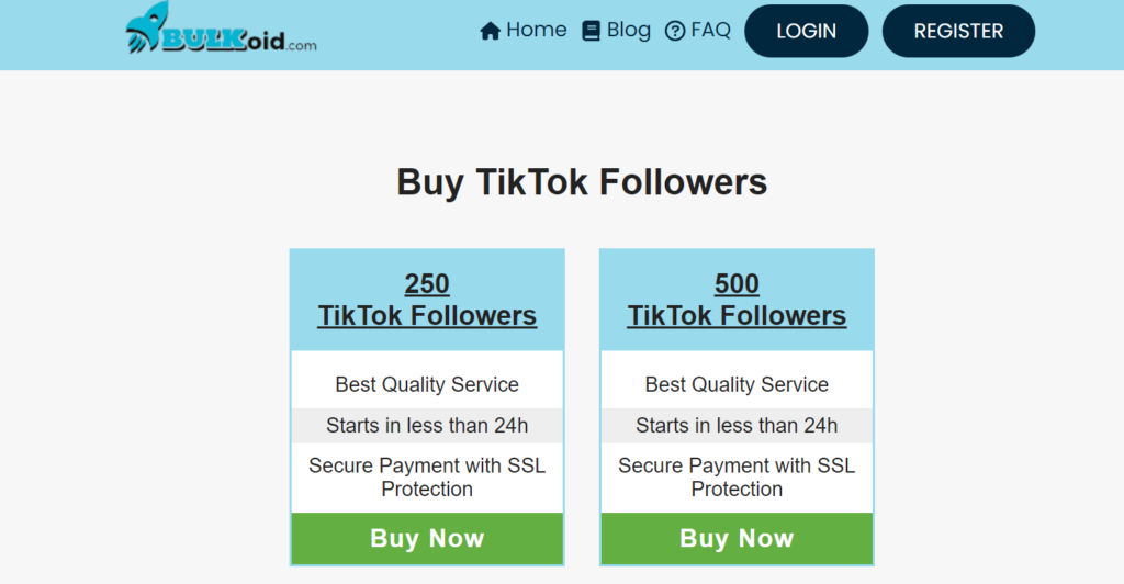 High SocialによるBulkoidのTikTokフォロワー購入ページのスクリーンショット。