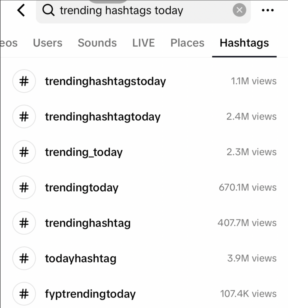 High SocialによるTikTokのトレンドハッシュタグ検索結果のスクリーンショット。