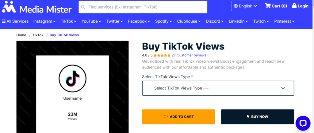 HighSocial’s screenshot of MediaMister’s TikTok views product page.
