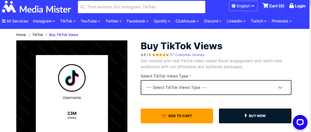 Captura de tela da HighSocial da página do produto de visualizações do TikTok da MediaMister.