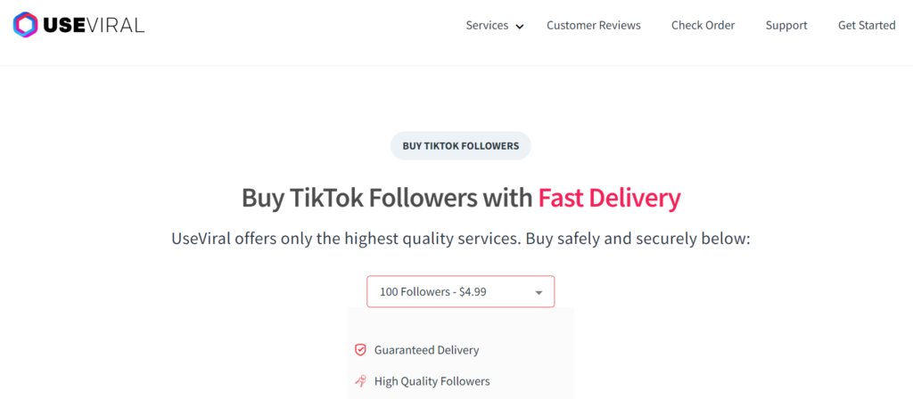 High Social's screenshot van UseViral's TikTok service pagina.