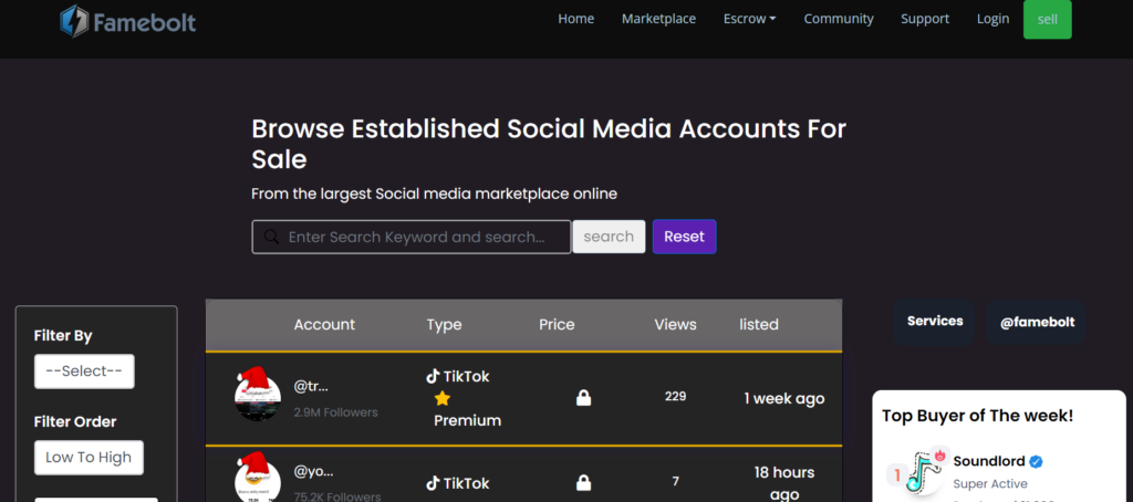 High Social’s screenshot showing listed TikTok accounts on FameBolt.