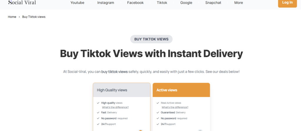 HighSocial’s screenshot of SocialViral’s TikTok view purchase page.
