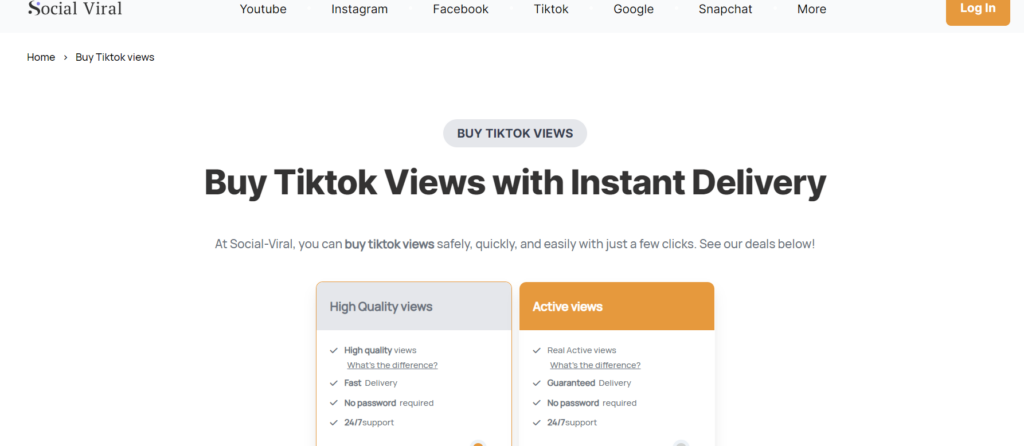 Schermata di HighSocial della pagina di acquisto di TikTok view di SocialViral.