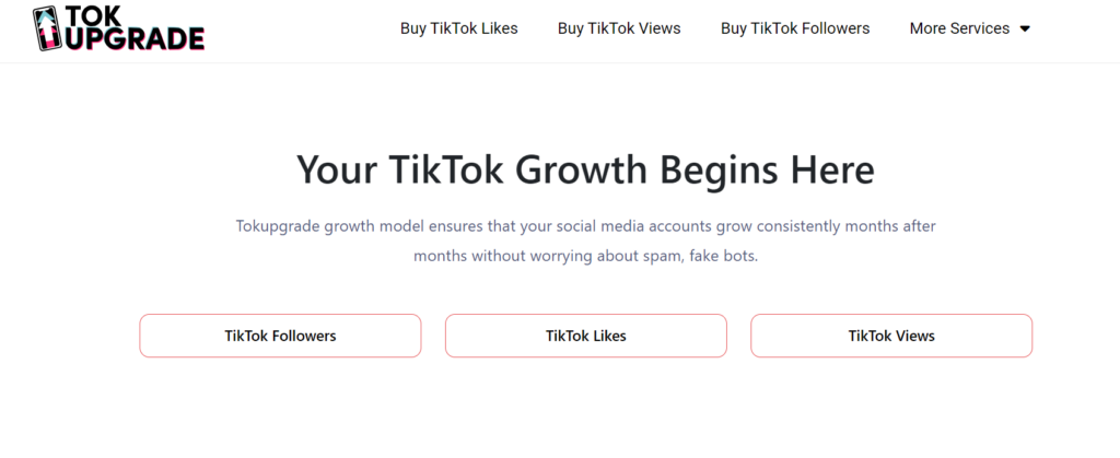High SocialによるTokUpgradeのTikTokサービスページのスクリーンショット。