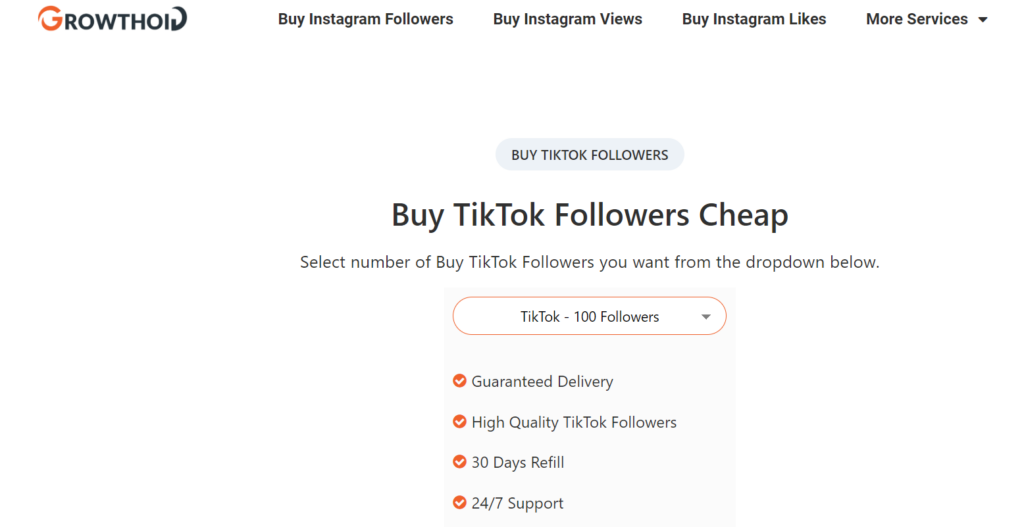 High Social 的 Growthoid TikTok 粉丝销售页面截图。