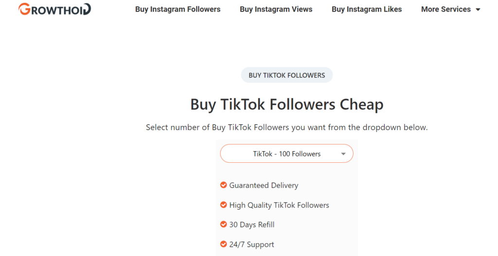 High SocialによるGrowthoidのTikTokフォロワー販売ページのスクリーンショット。