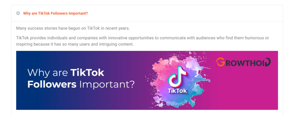 High SocialによるGrowthoidのTikTok FAQページのスクリーンショット。