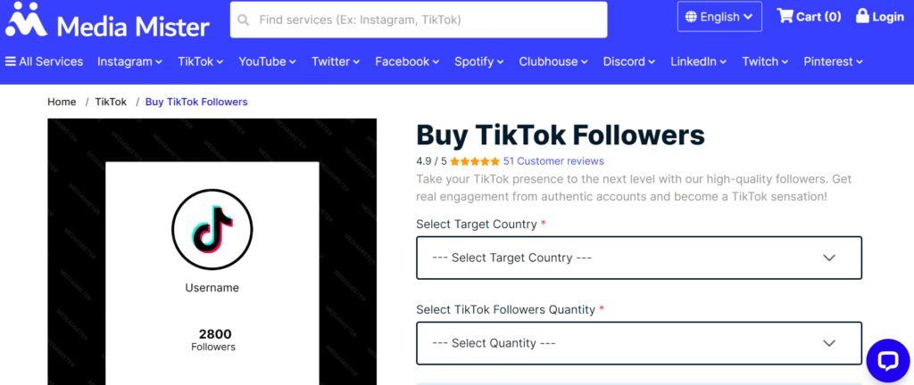 High Social 的 MediaMister TikTok 粉丝购买页面截图。