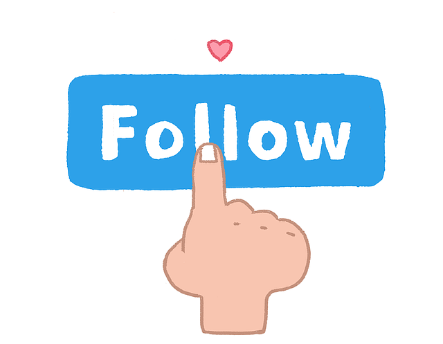 Illustrazione di una mano che preme un pulsante "follow".