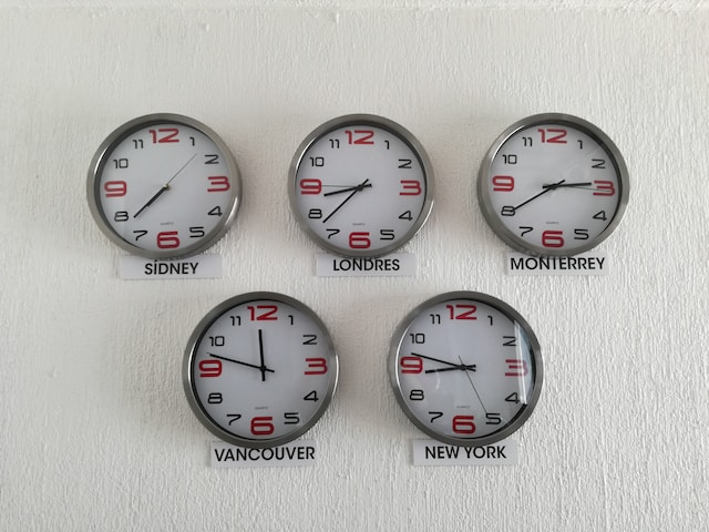 An image of five wall clocks showing the time difference in different locations.