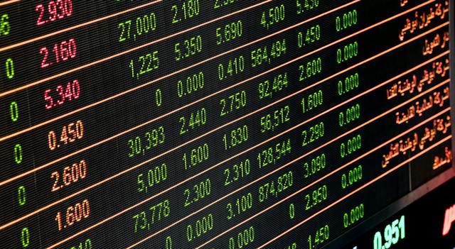 A close-up image of a digital screen showing stock market numbers. 