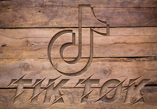 O imagine cu logo-ul și numele TikTok inscripționate pe o suprafață de lemn.