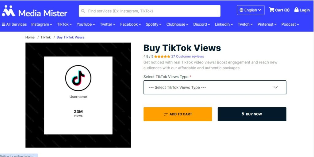 ハイ・ソーシャルのTikTokライブ視聴を購入するためのメディア・ミスターのウェブページのスクリーンショット。