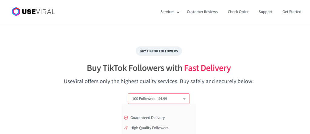 HighSocial’s screenshot of UseViral’s TikTok follower purchase page.