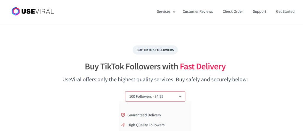 Capture d'écran de HighSocial de la page d'achat de followers TikTok de UseViral.