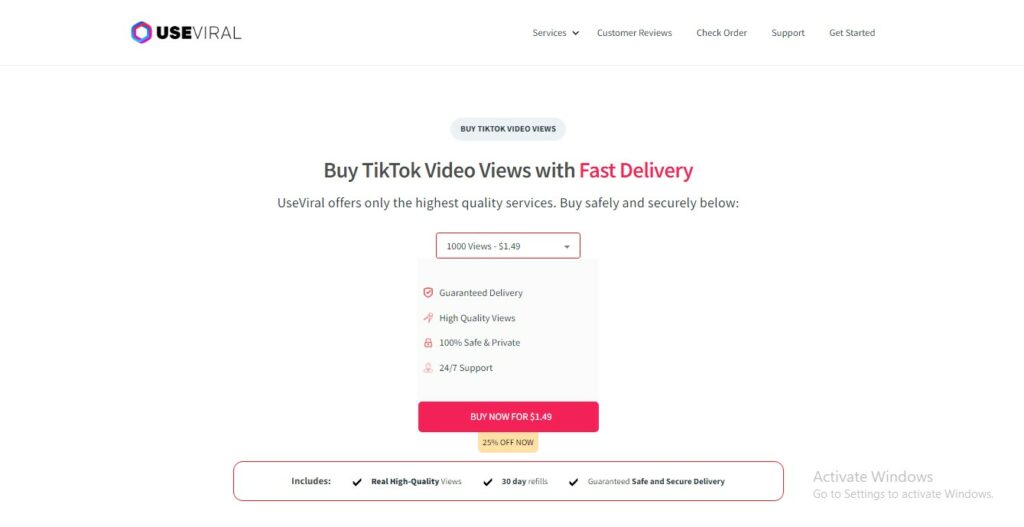 Der Screenshot der UseViral-Website von High Social zeigt die Seite zum Kauf von TikTok-Videoaufrufen.