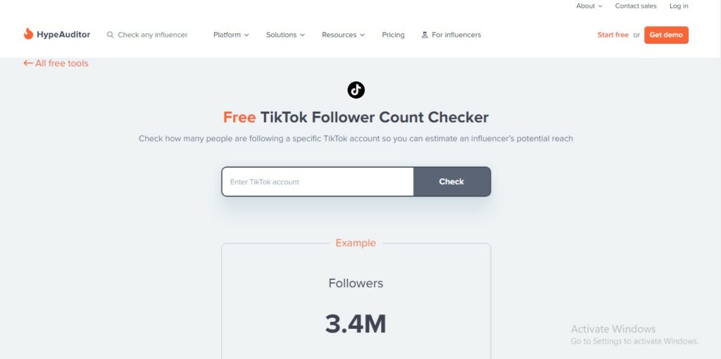 High Social’s screenshot of the HypeAuditor TikTok Follower Count Checker page.
