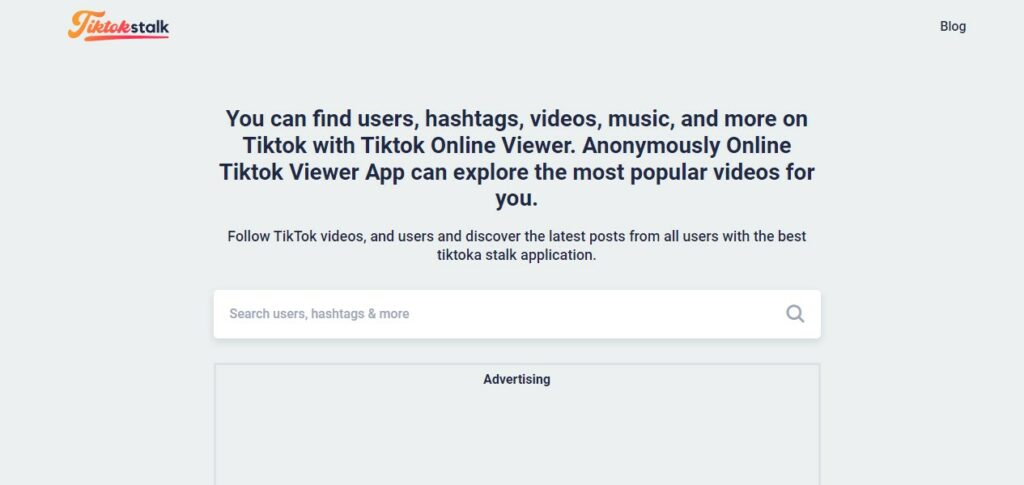 Captură de ecran de la High Social a paginii de pornire a site-ului TikTokStalk pe un browser desktop.