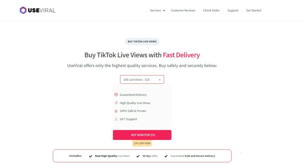 하이 소셜의 TikTok 라이브 뷰 구매를 위한 UseViral 페이지 스크린샷.