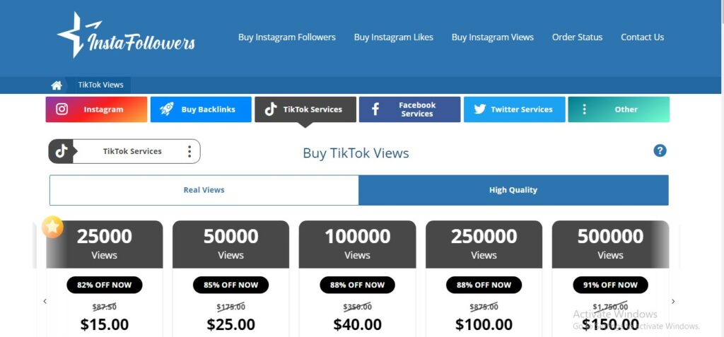 High Social’s screenshot of the InstaFollowers page to buy TikTok views.
