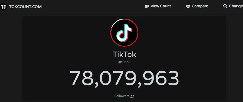 Capture d'écran de High Social du site TokCount affichant le nombre de followers du compte TikTok officiel.