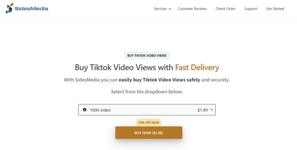 ハイ・ソーシャルのSidesMediaウェブサイトのスクリーンショットで、TikTokの動画視聴を購入するページが表示されている。