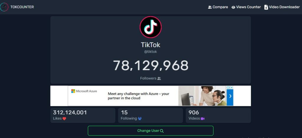 Captura de tela do site da High Social do TokCounter exibindo os seguidores da conta oficial do TikTok.