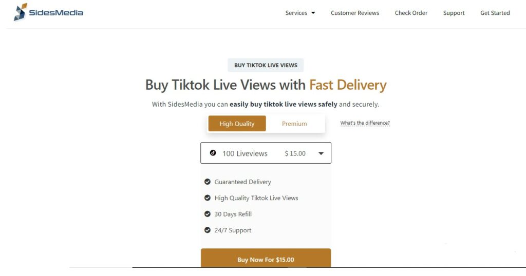 High Social's screenshot van de SidesMedia website pagina om TikTok Live views te kopen.