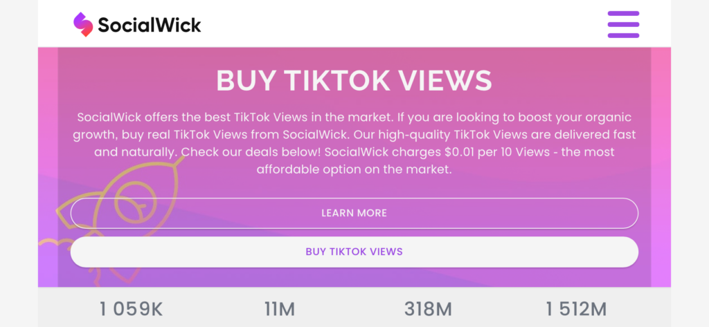 High Social’s screenshot of the SocialWick website showing the page to buy TikTok views.
