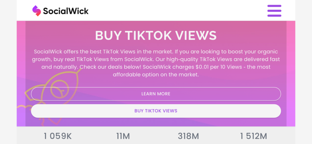 TikTok 조회수를 구매할 수 있는 페이지가 표시된 High Social의 SocialWick 웹사이트 스크린샷.