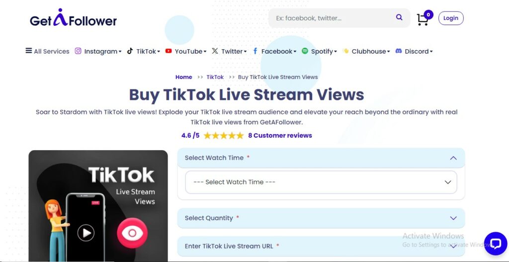 ハイ・ソーシャルのTikTokライブビューを購入するGetAFollowerウェブページのスクリーンショット。