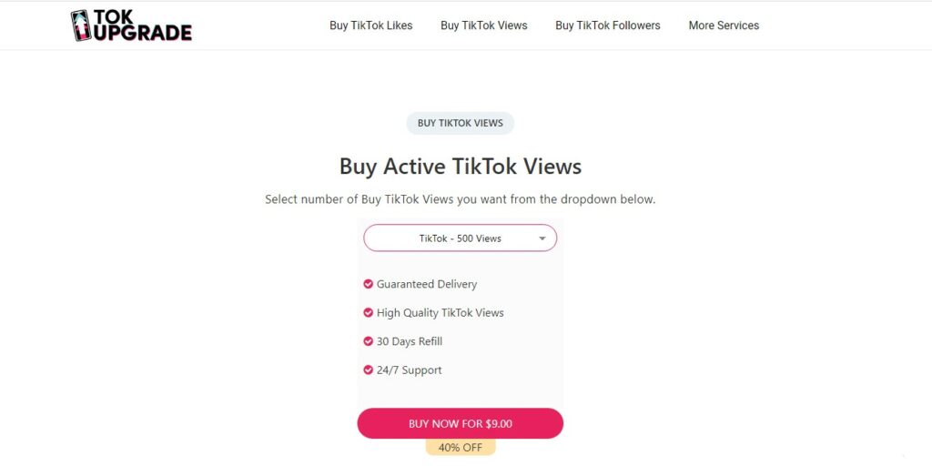 High Social’s screenshot of the TokUpgrade website showing the page to buy TikTok views.