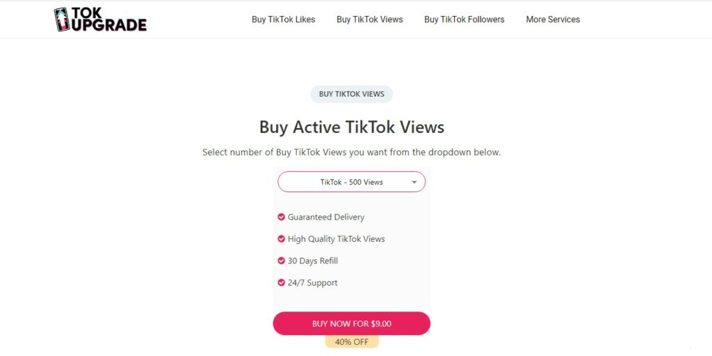 High Social's screenshot van de TokUpgrade website met de pagina om TikTok-weergaven te kopen.