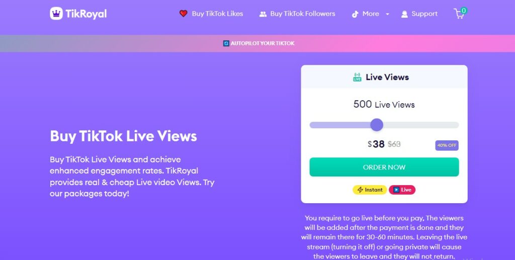 Capture d'écran de High Social de la page du site web de TikRoyal permettant d'acheter des vues TikTok Live.