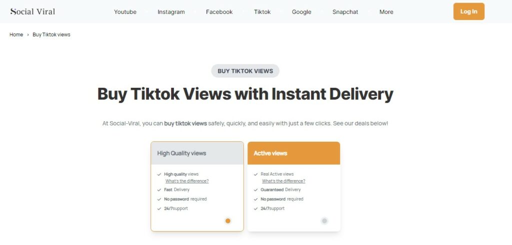 High Social's screenshot van de Social Viral website met de pagina om TikTok views te kopen.