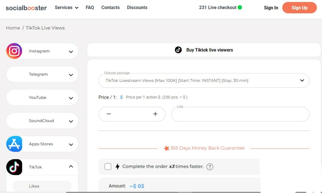 Capture d'écran de High Social de la page du site Web de SocialBooster permettant d'acheter des vues sur TikTok Live.