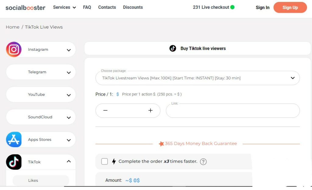 High Social’s screenshot of the SocialBooster website page for buying TikTok Live views.

