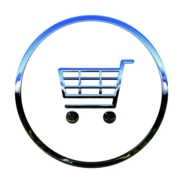 A metallic blue shopping cart icon on a white background.