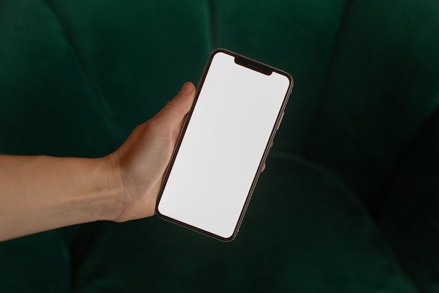 A person holds a phone displaying a blank screen. 
