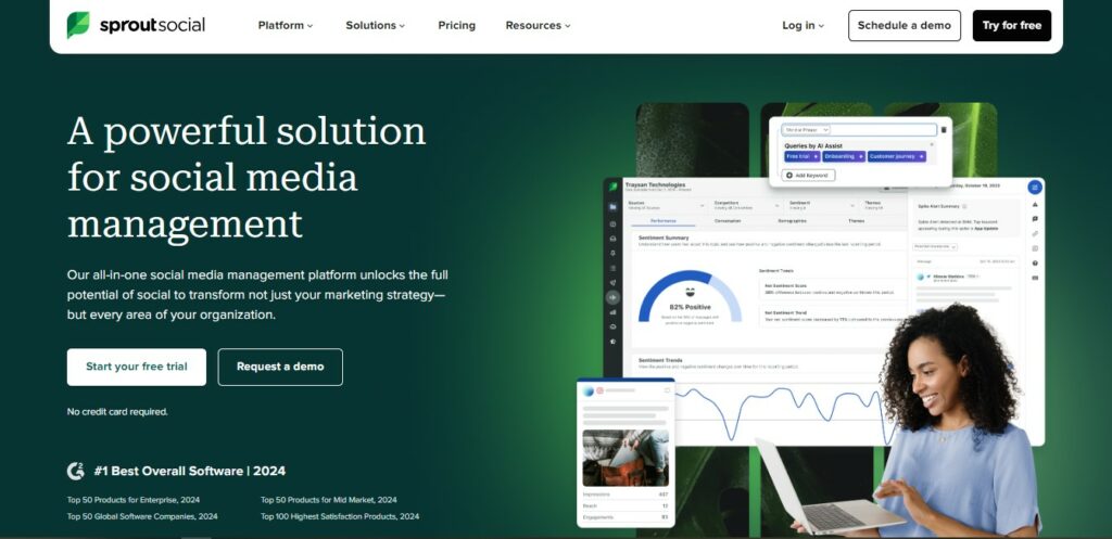 Captura de tela da High Social da página inicial do site do Sprout Social em um navegador.