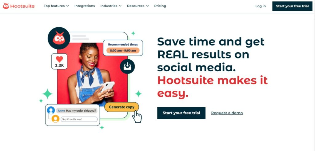 브라우저에서 하이 소셜의 Hootsuite 웹사이트 홈페이지 스크린샷.