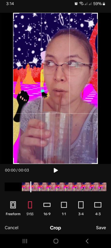 High-Social-Screenshot, der den Zuschneidebildschirm und die Zuschneideoptionen in TikTok zeigt.